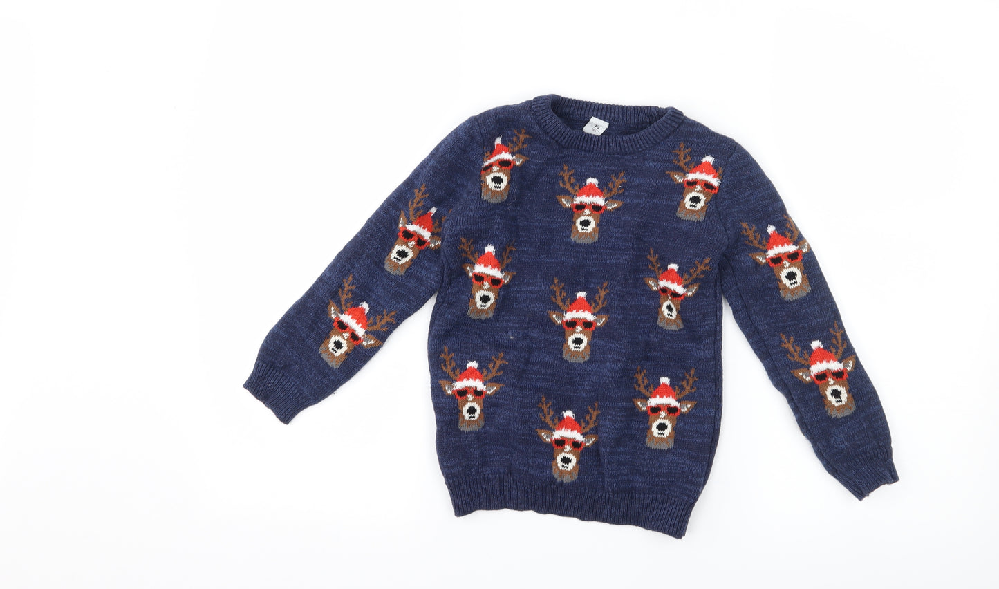 TU Boys Blue   Pullover Jumper Size 7 Years  - reindeer