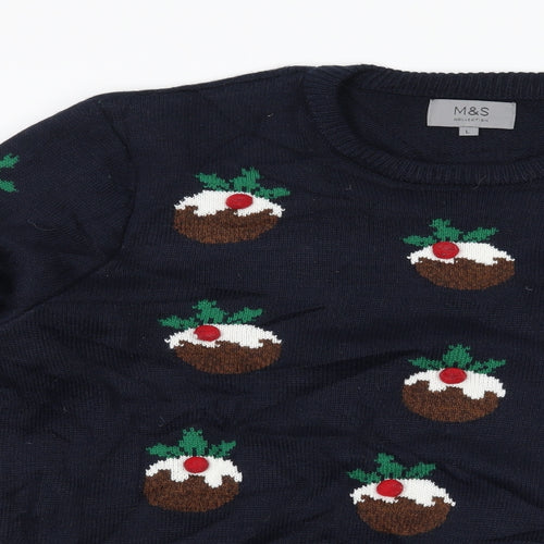 Marks and Spencer Mens Blue   Pullover Jumper Size L  - Christmas Pudding