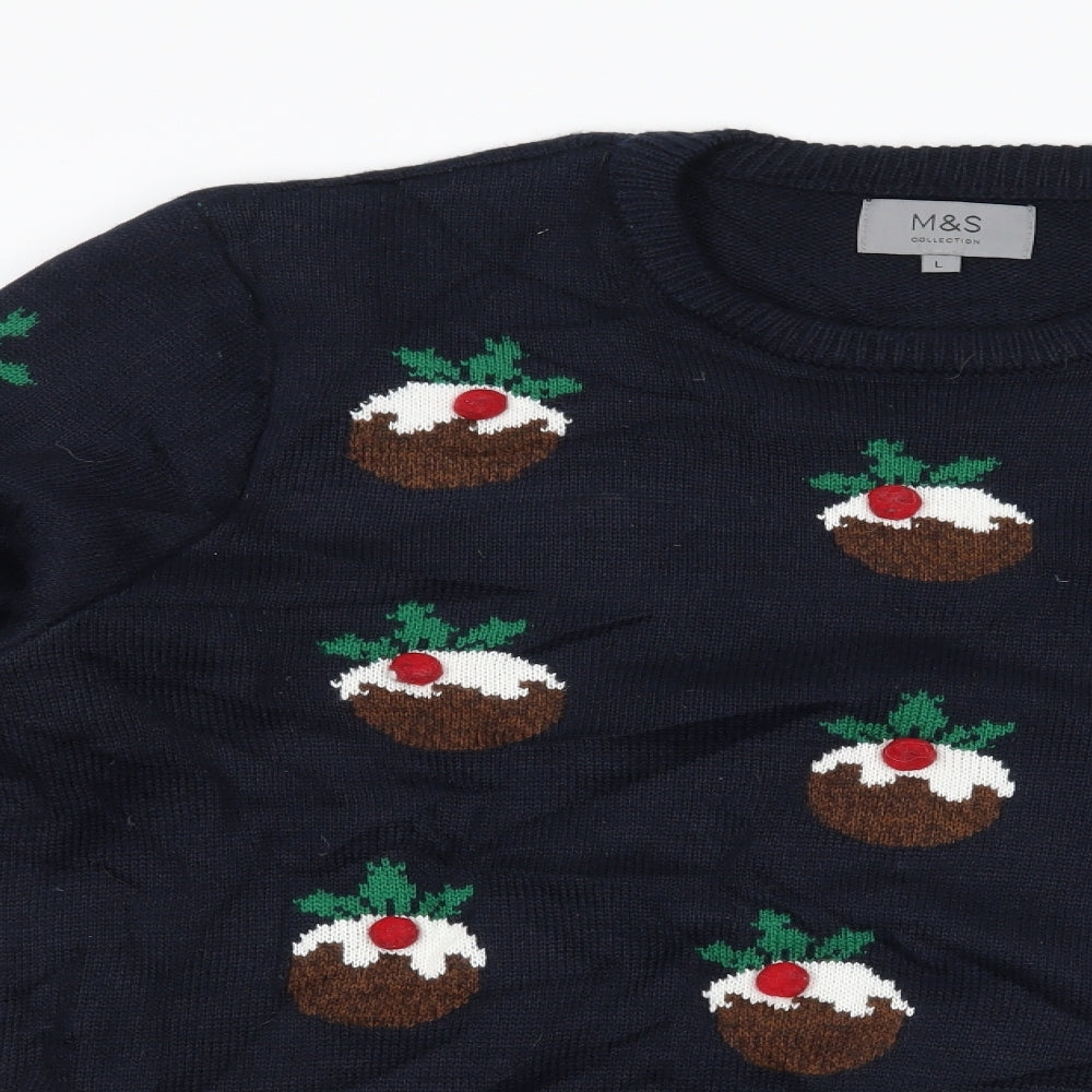 Marks and Spencer Mens Blue   Pullover Jumper Size L  - Christmas Pudding