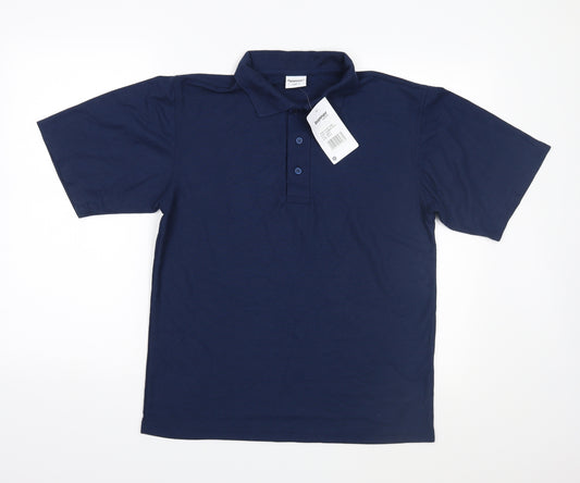 Front view of Banner men’s blue polo, size S