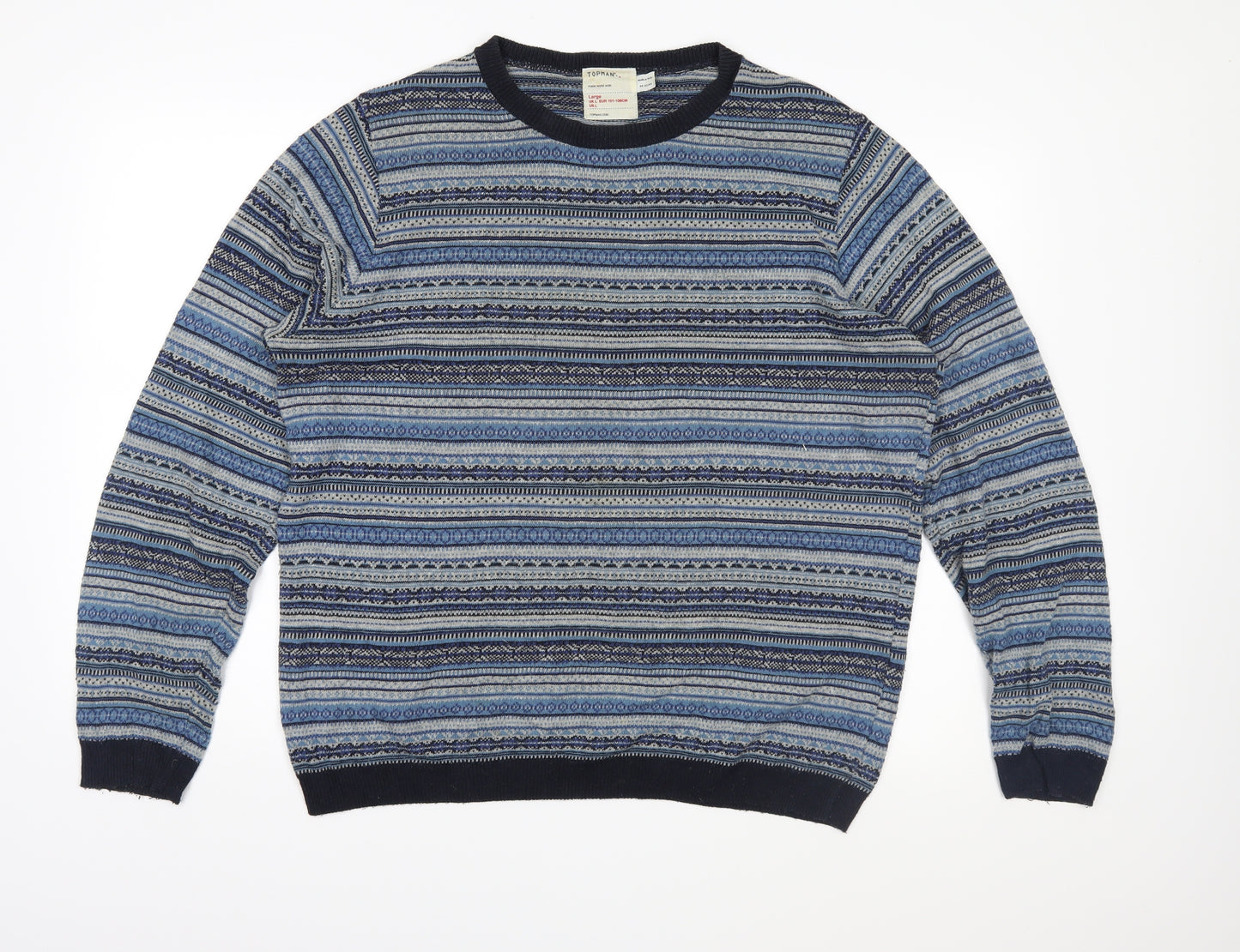 Topman Mens Blue Fair Isle Knit Pullover Jumper Size L