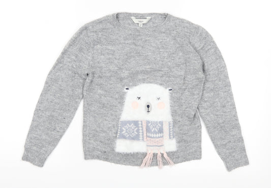 E-vie Girls Grey Fair Isle Knit Pullover Jumper Size 7-8 Years