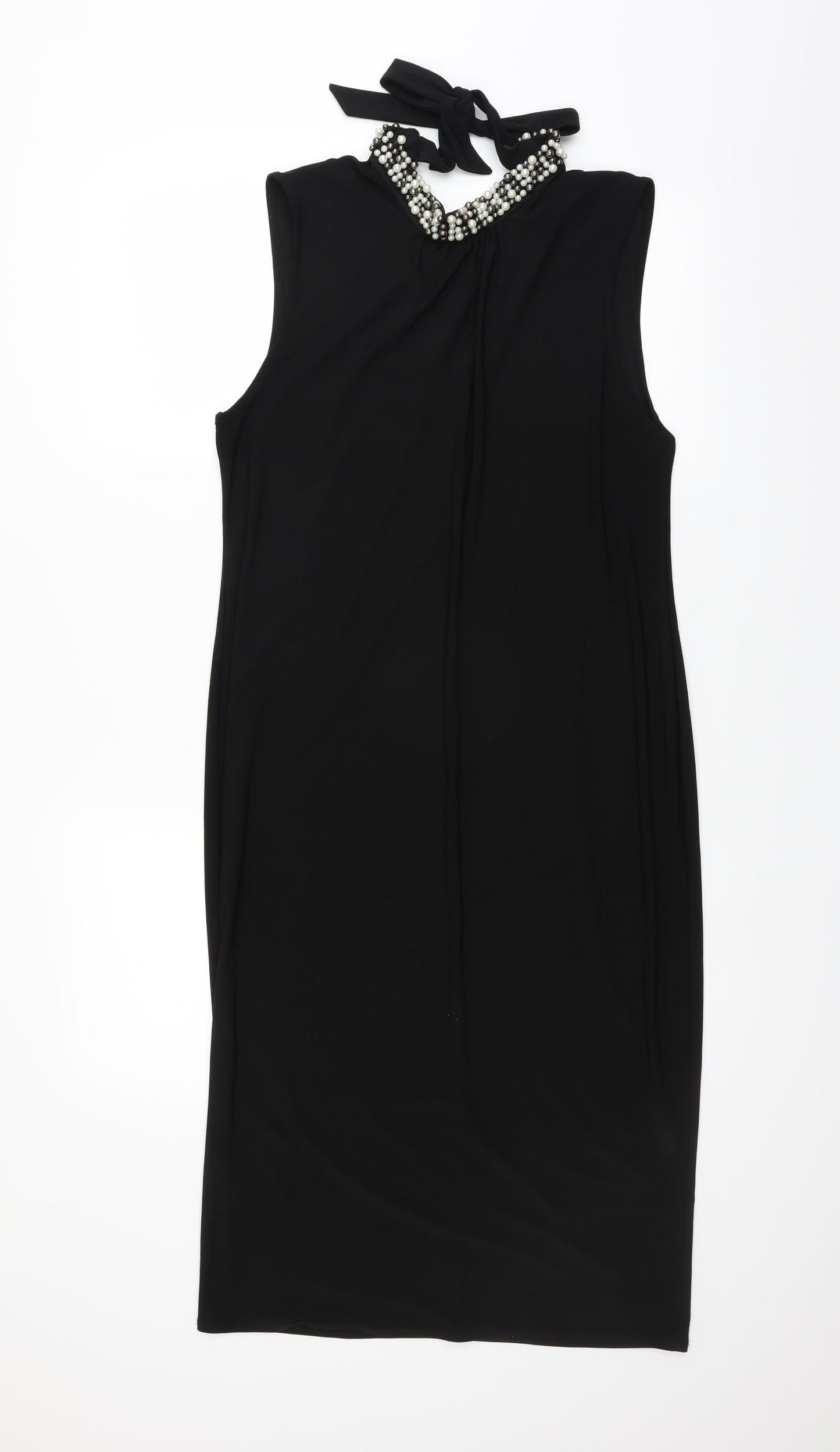 Preworn Womens Black   Pencil Dress    - beaded neckline