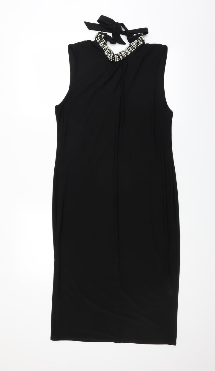 Preworn Womens Black   Pencil Dress    - beaded neckline