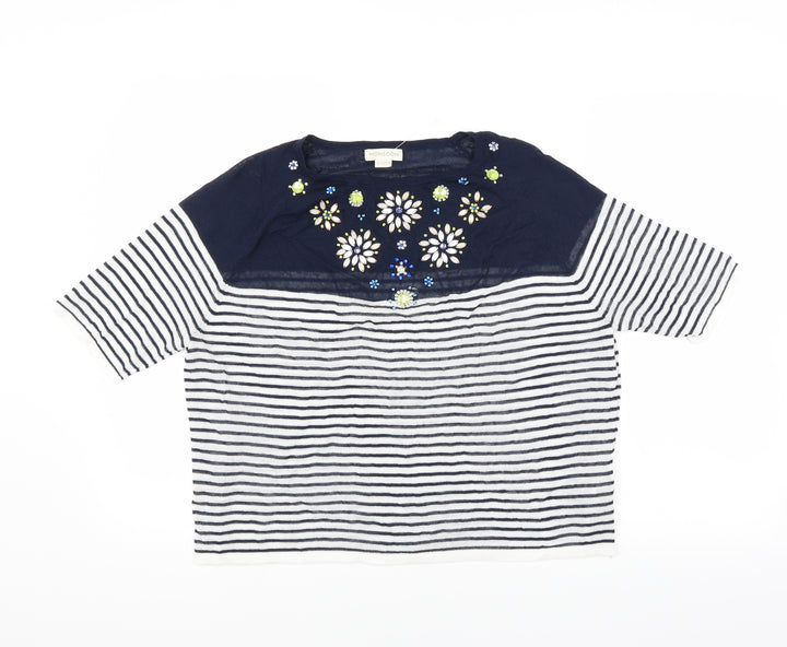 Monsoon Womens Blue Striped  Pullover Jumper Size 8  - floral beading detail
