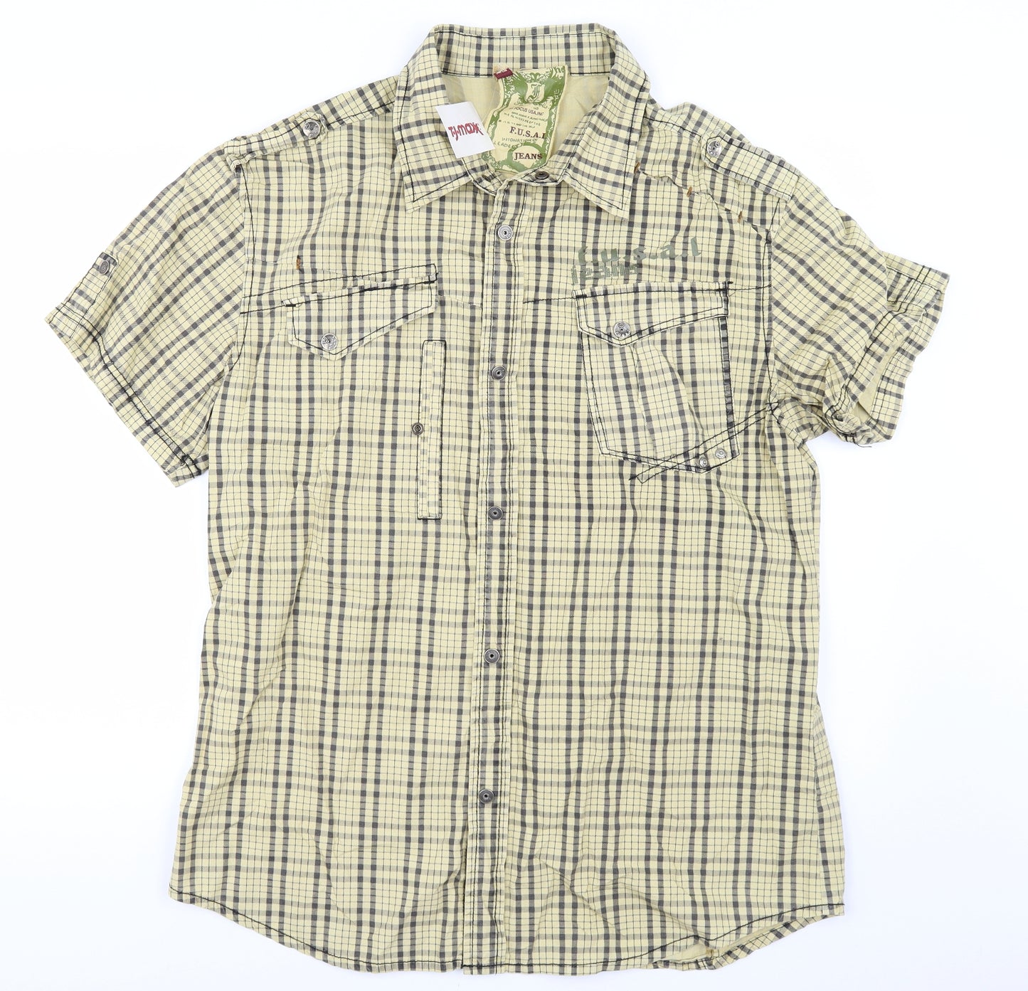 F.U.S.I.A Mens Yellow Check   Button-Up Size XL