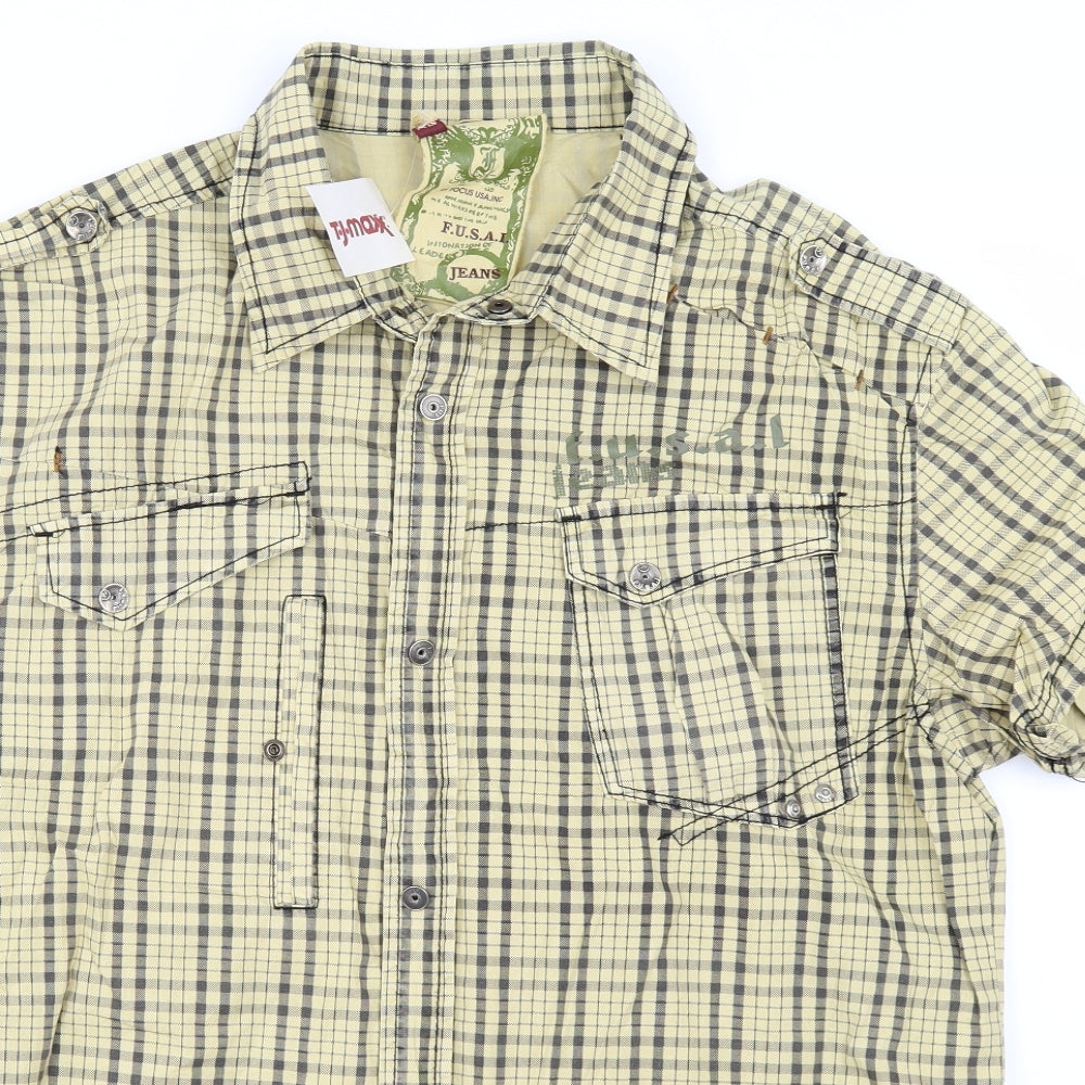 F.U.S.I.A Mens Yellow Check   Button-Up Size XL