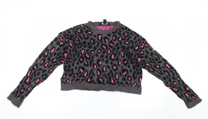 New Look Girls Grey Animal Print Knit Pullover Jumper Size 12-13 Years