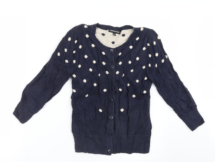 Warehouse Womens Blue Polka Dot Knit Cardigan Jumper Size 8