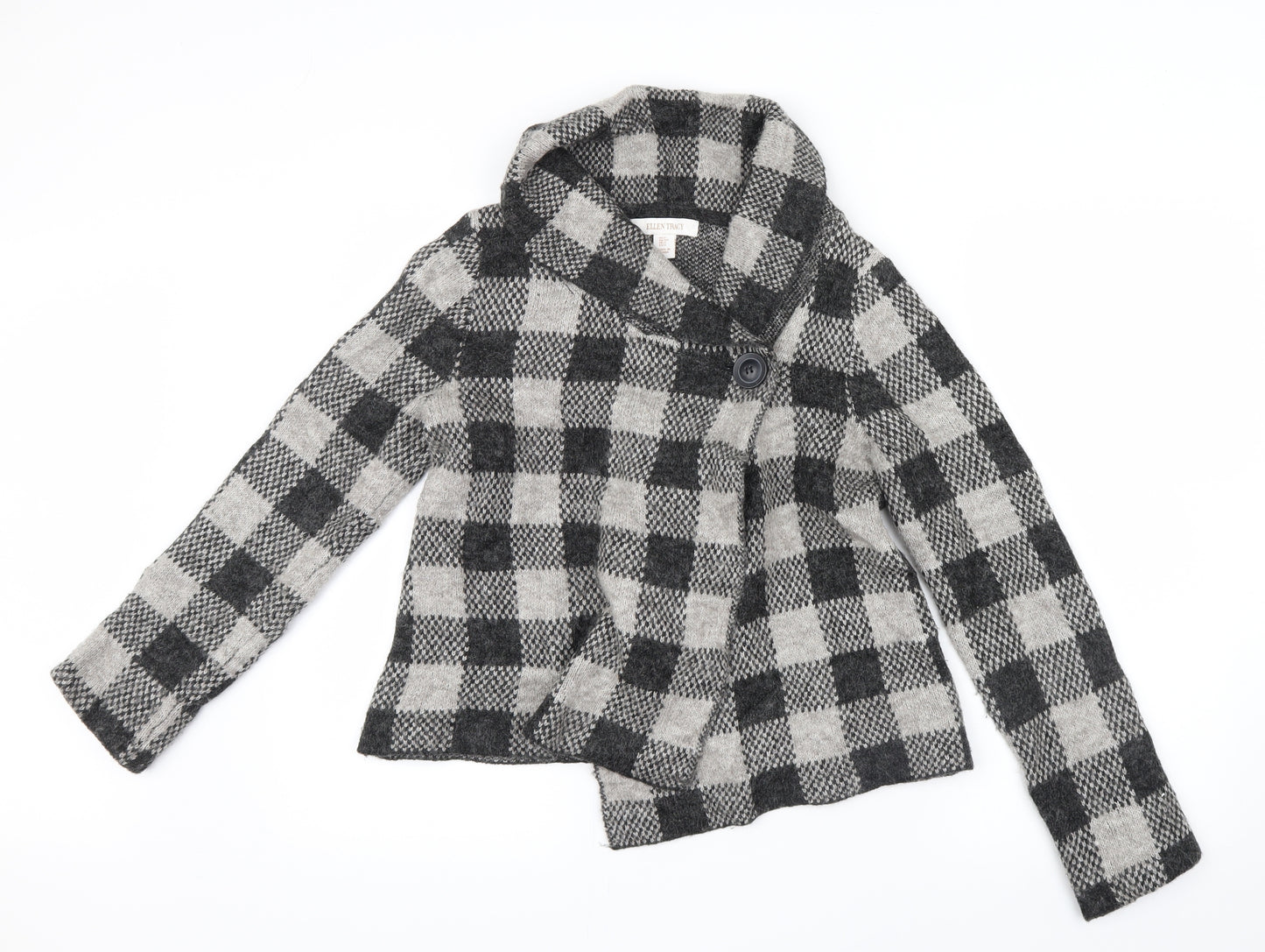 Ellen Tracy Womens Grey Check Knit Cardigan Jumper Size S