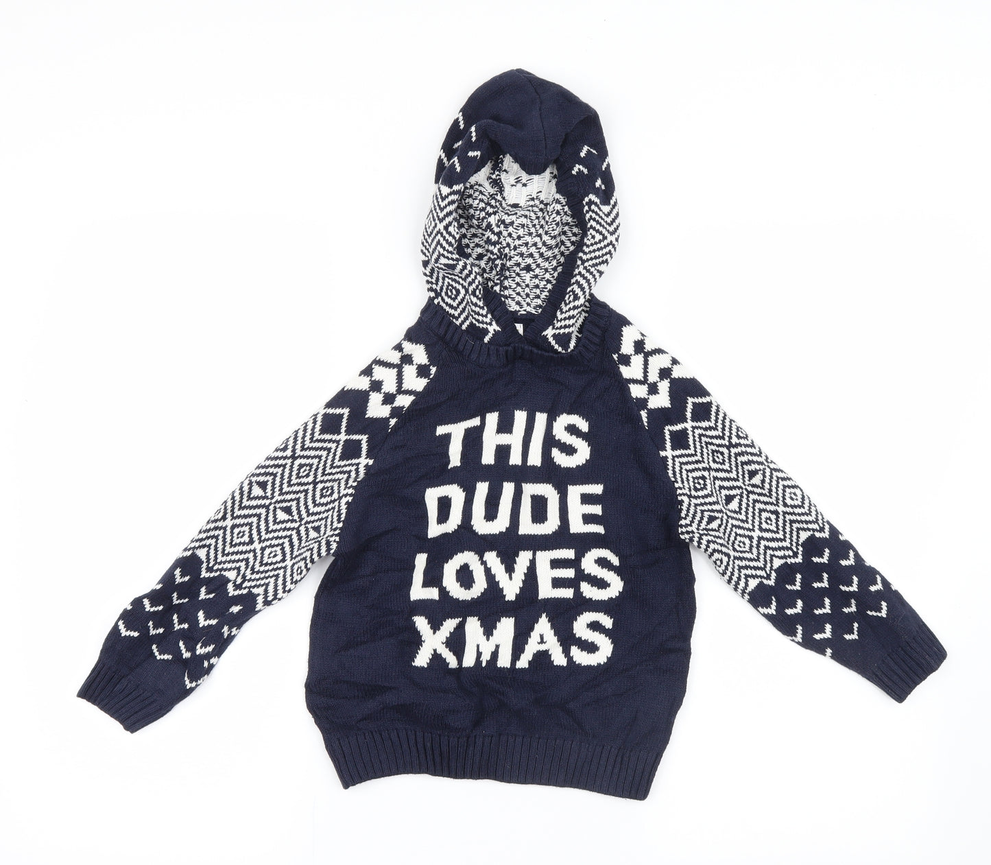 OUTFIT Boys Blue Geometric Knit Pullover Hoodie Size 6 Years  - Christmas