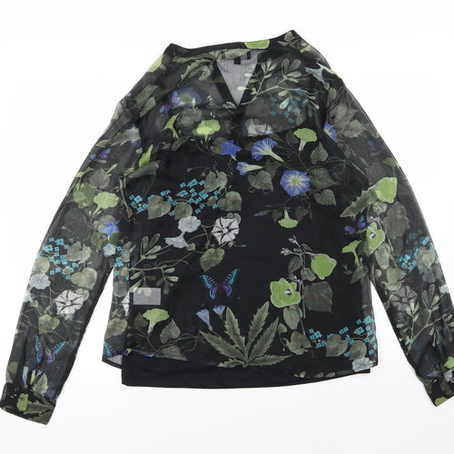 Niza Womens Black Floral Chiffon Basic Blouse Size 10