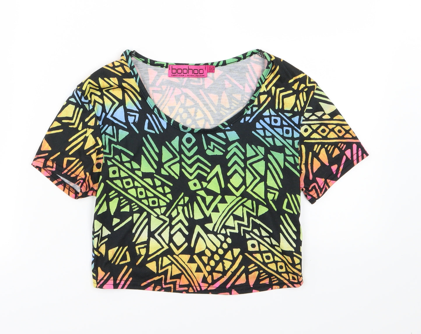 Boohoo Womens Multicoloured Geometric Jersey Cropped T-Shirt Size 10