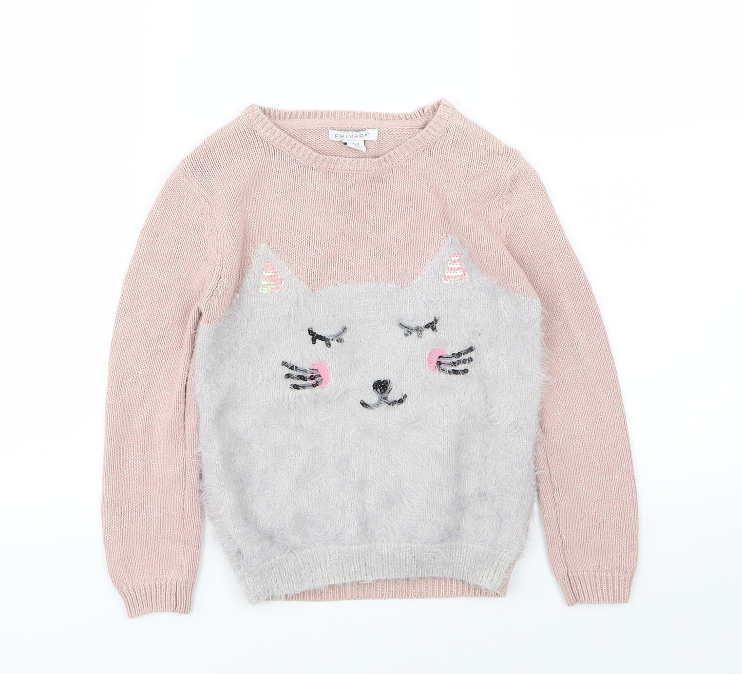 Primark Girls Pink  Knit Pullover Jumper Size 6-7 Years  - Cat