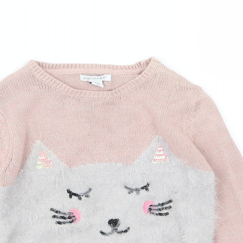Primark Girls Pink  Knit Pullover Jumper Size 6-7 Years  - Cat