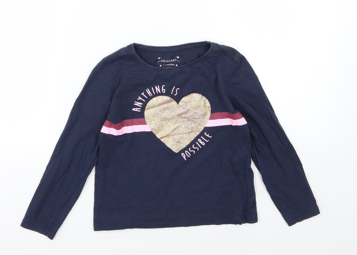 Primark Girls Blue  Jersey Basic T-Shirt Size 6-7 Years  - Anything is possible