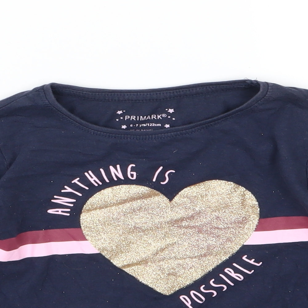 Primark Girls Blue  Jersey Basic T-Shirt Size 6-7 Years  - Anything is possible