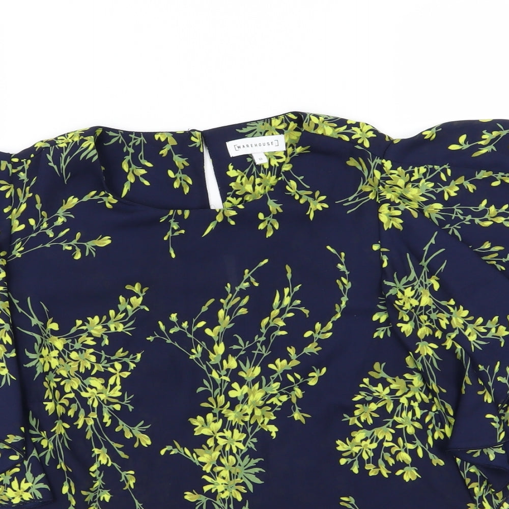 Warehouse Womens Blue Floral Chiffon Basic Blouse Size 10