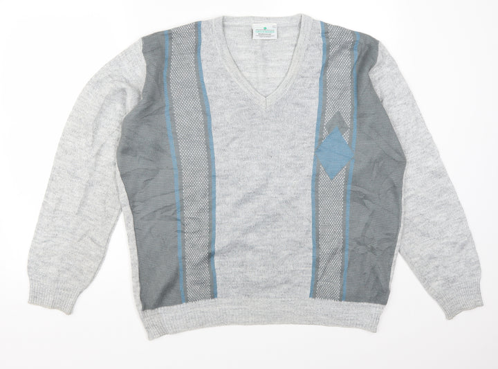 Greenwoods Mens Grey Striped Pullover Jumper Size L