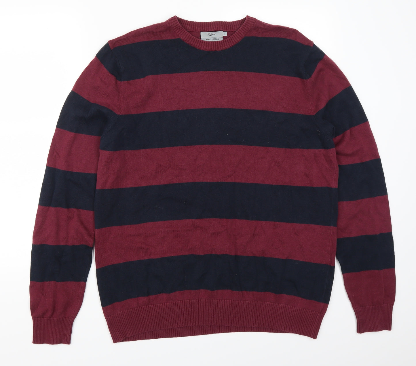 TU Mens Red Striped  Pullover Jumper Size L  - Burgundy