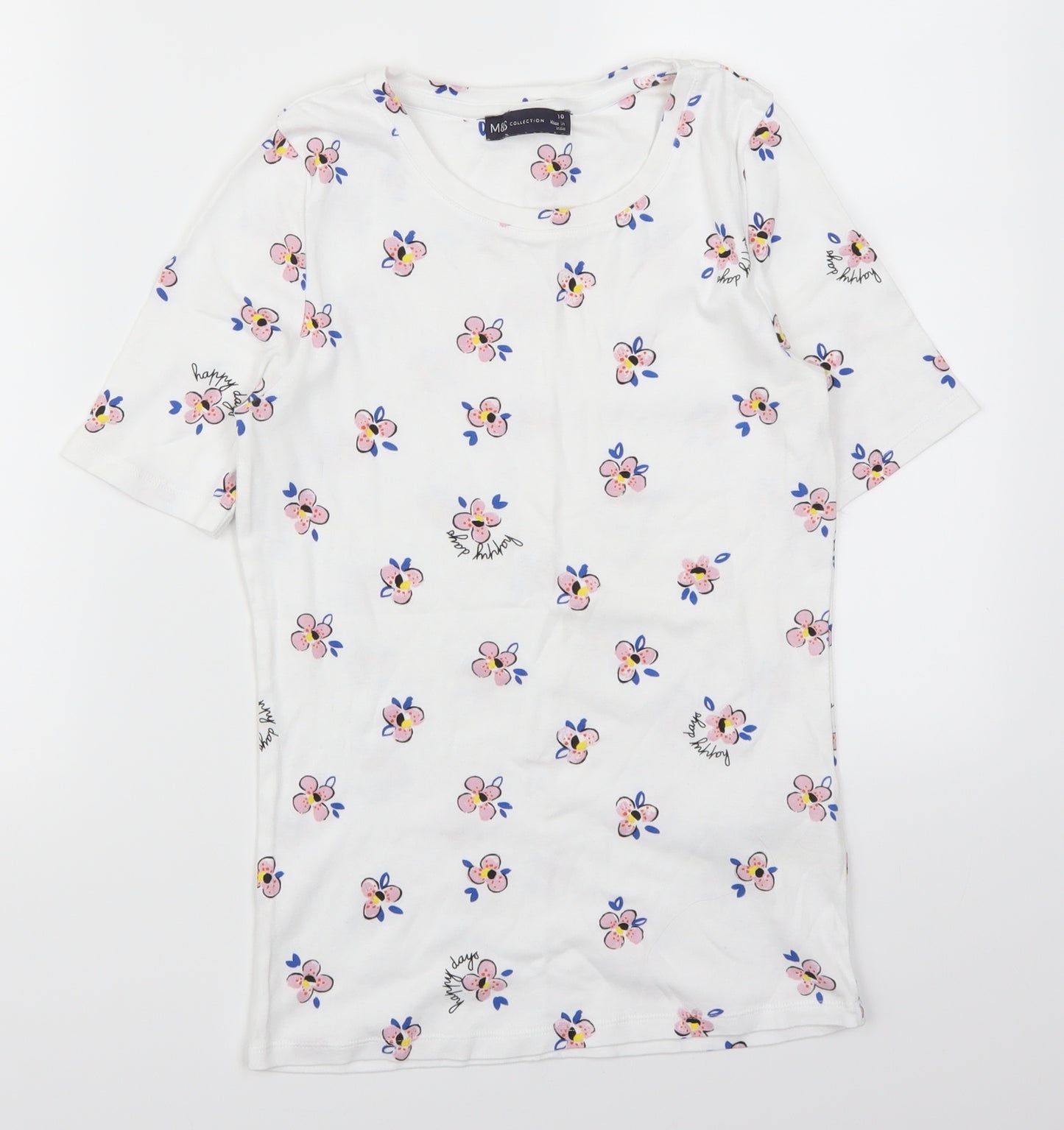 Marks and Spencer Womens White Floral  Basic T-Shirt Size 10  - Happy Days