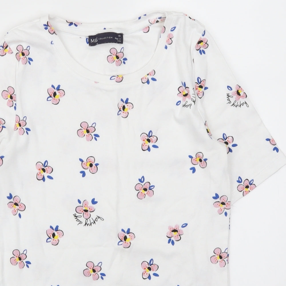 Marks and Spencer Womens White Floral  Basic T-Shirt Size 10  - Happy Days