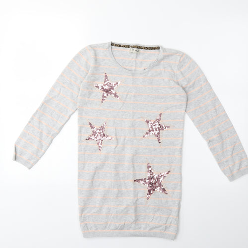 NEXT Girls Grey Striped Knit Pullover Jumper Size 9-10 Years