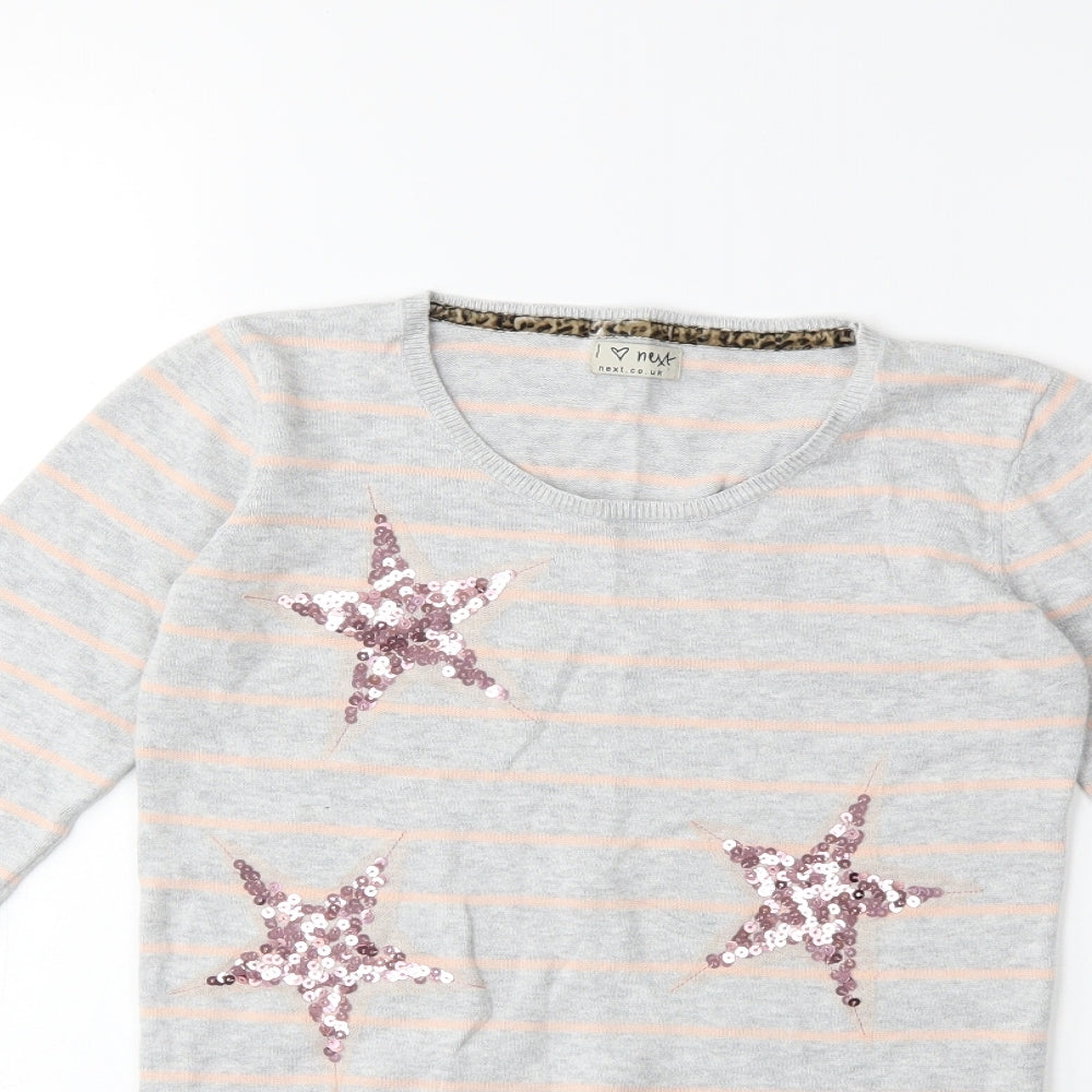 NEXT Girls Grey Striped Knit Pullover Jumper Size 9-10 Years