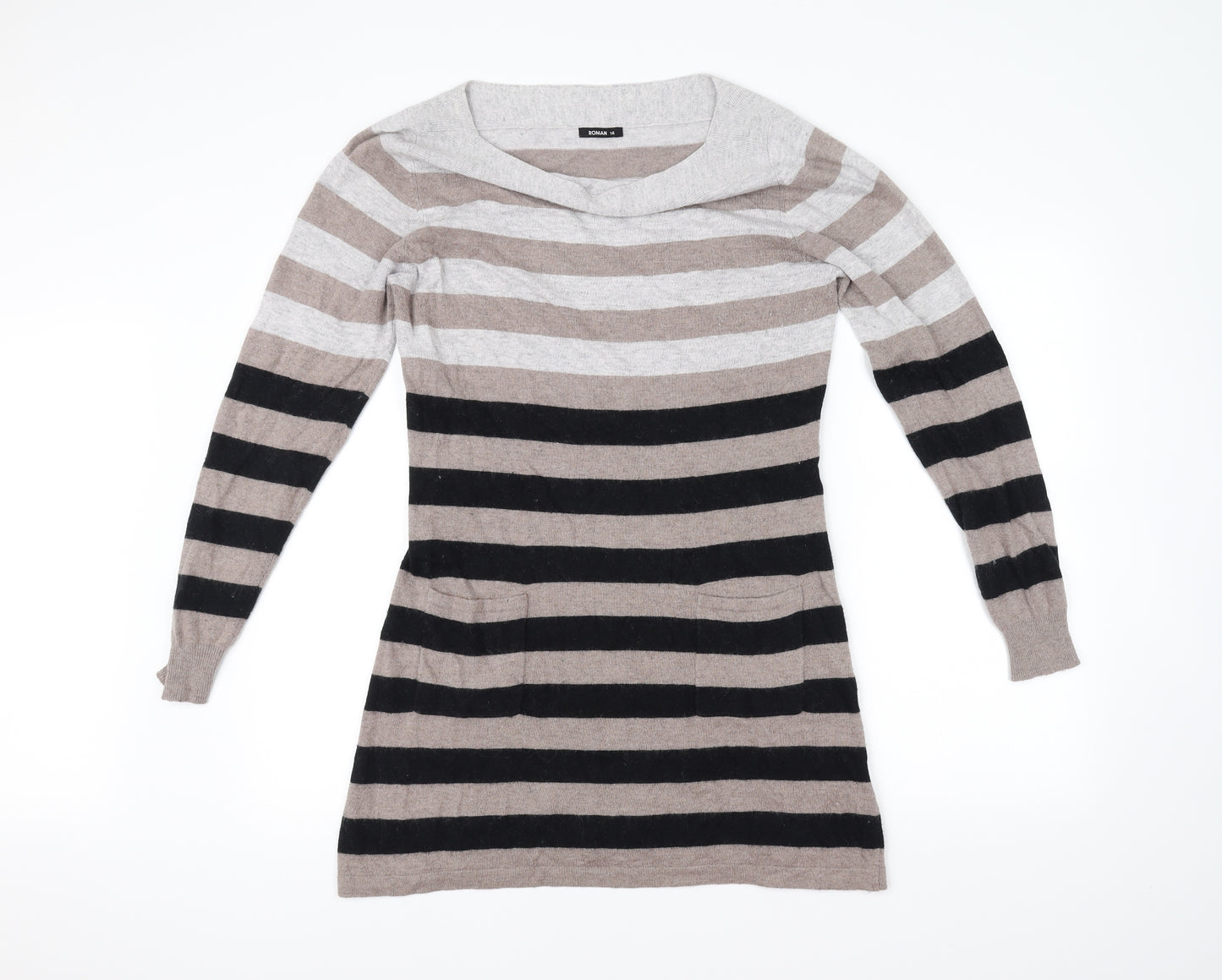 Roman Womens Grey Striped  Fit & Flare  Size 14