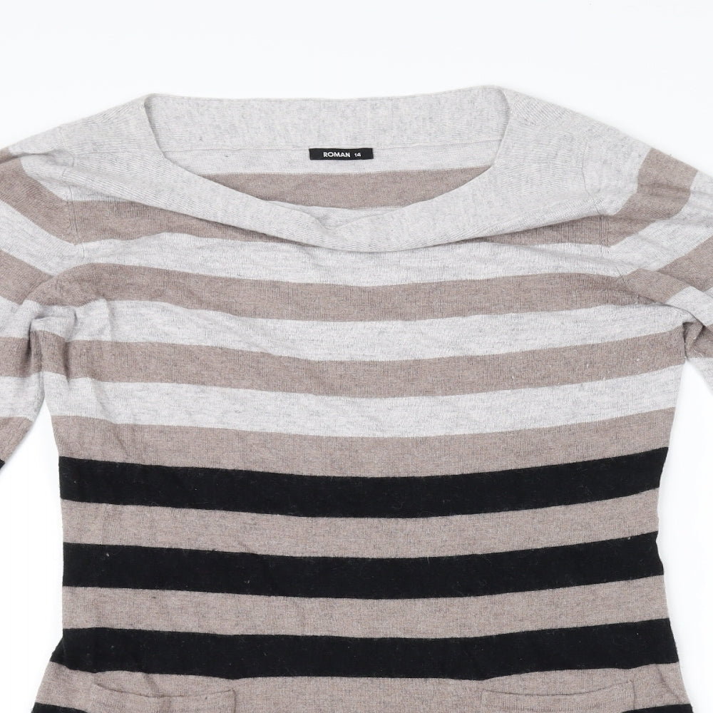 Roman Womens Grey Striped  Fit & Flare  Size 14
