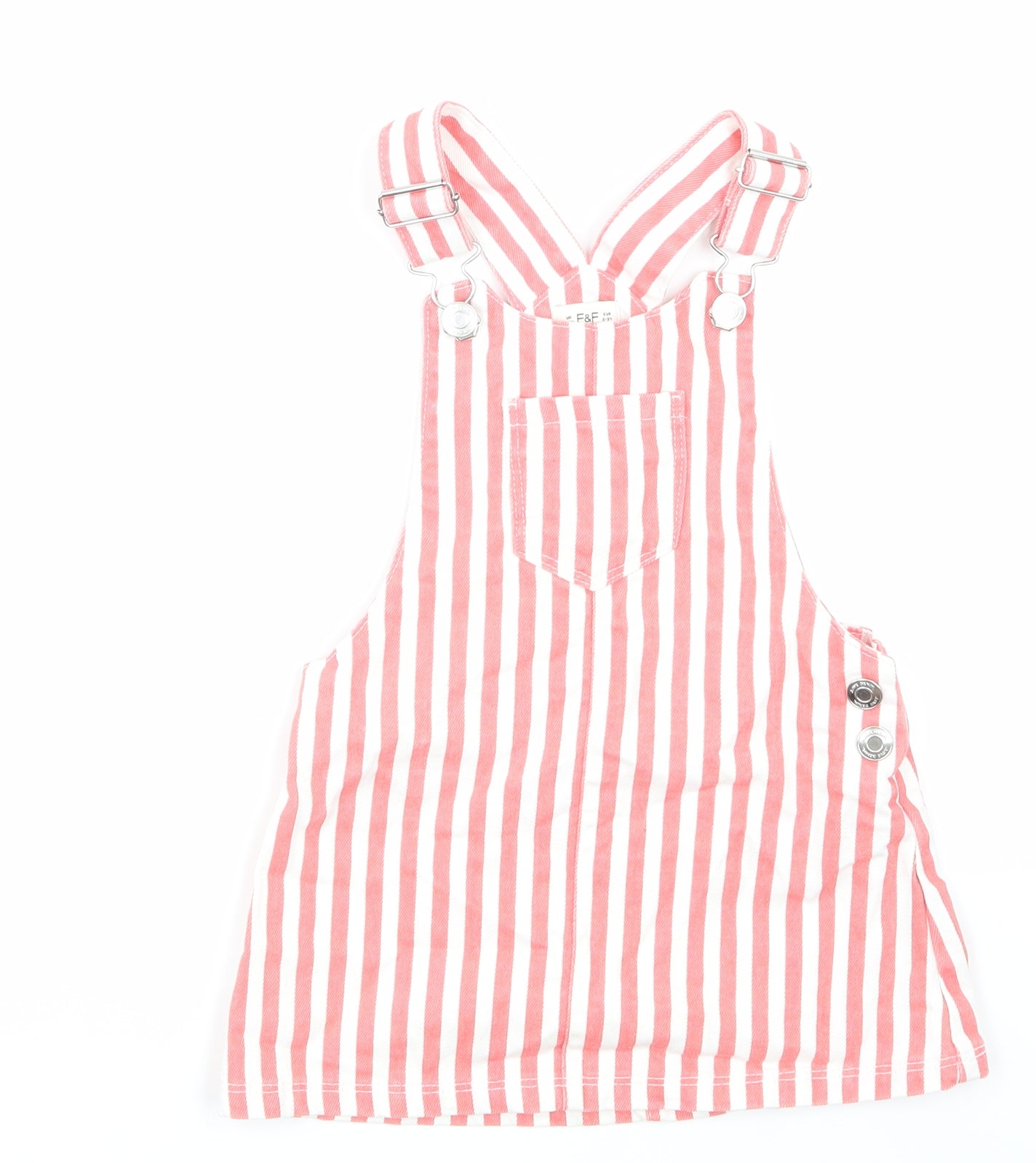 F&F Girls Pink Striped Denim Pinafore/Dungaree Dress  Size 2-3 Years