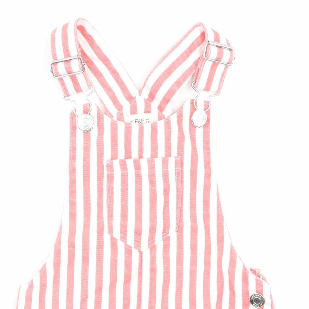 F&F Girls Pink Striped Denim Pinafore/Dungaree Dress  Size 2-3 Years