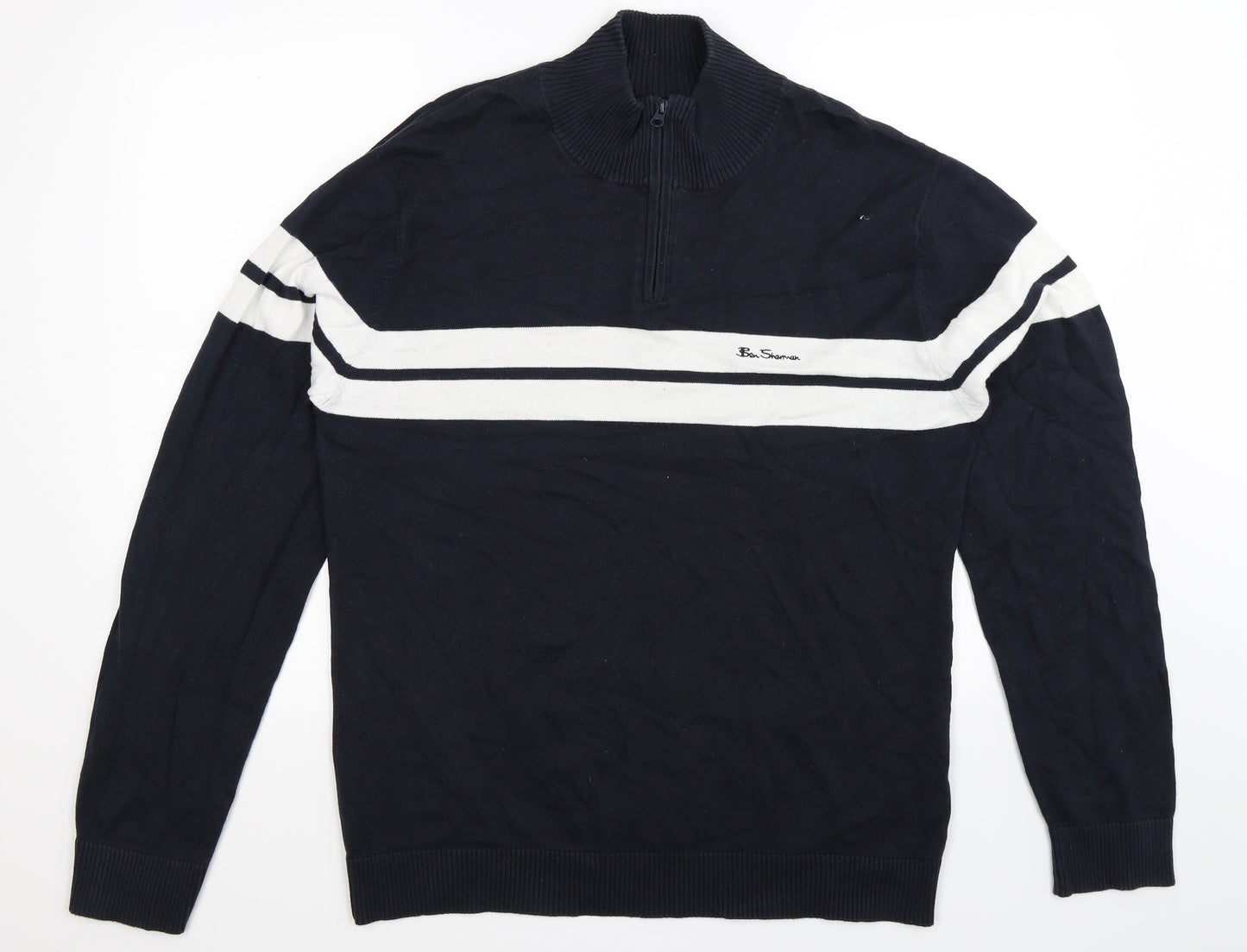 Ben Sherman Mens Blue Striped Knit Pullover Jumper Size L
