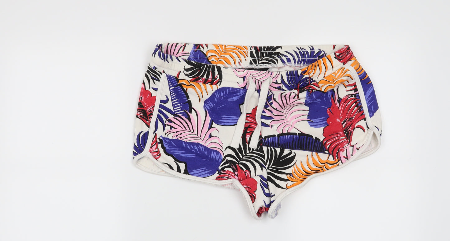 New Look Womens White Geometric  Sweat Shorts Size 12 - Leaf print