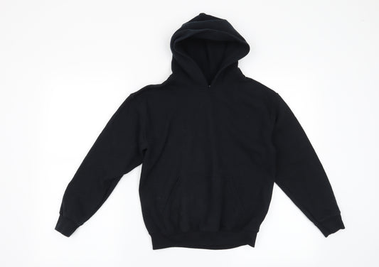Front view of Gildan boys’ black pullover hoodie, size M