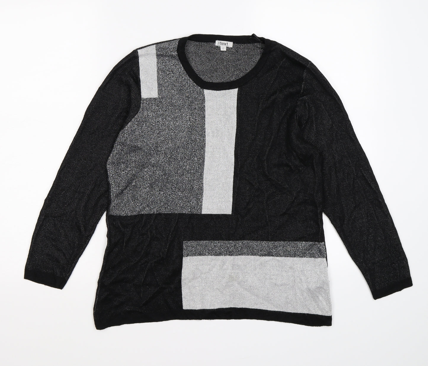 text Womens Black Geometric Knit Pullover Jumper Size L  - grey colourblock