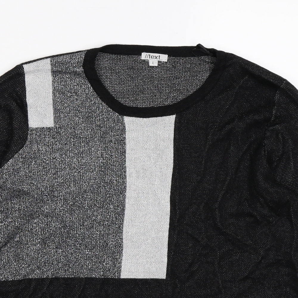 text Womens Black Geometric Knit Pullover Jumper Size L  - grey colourblock