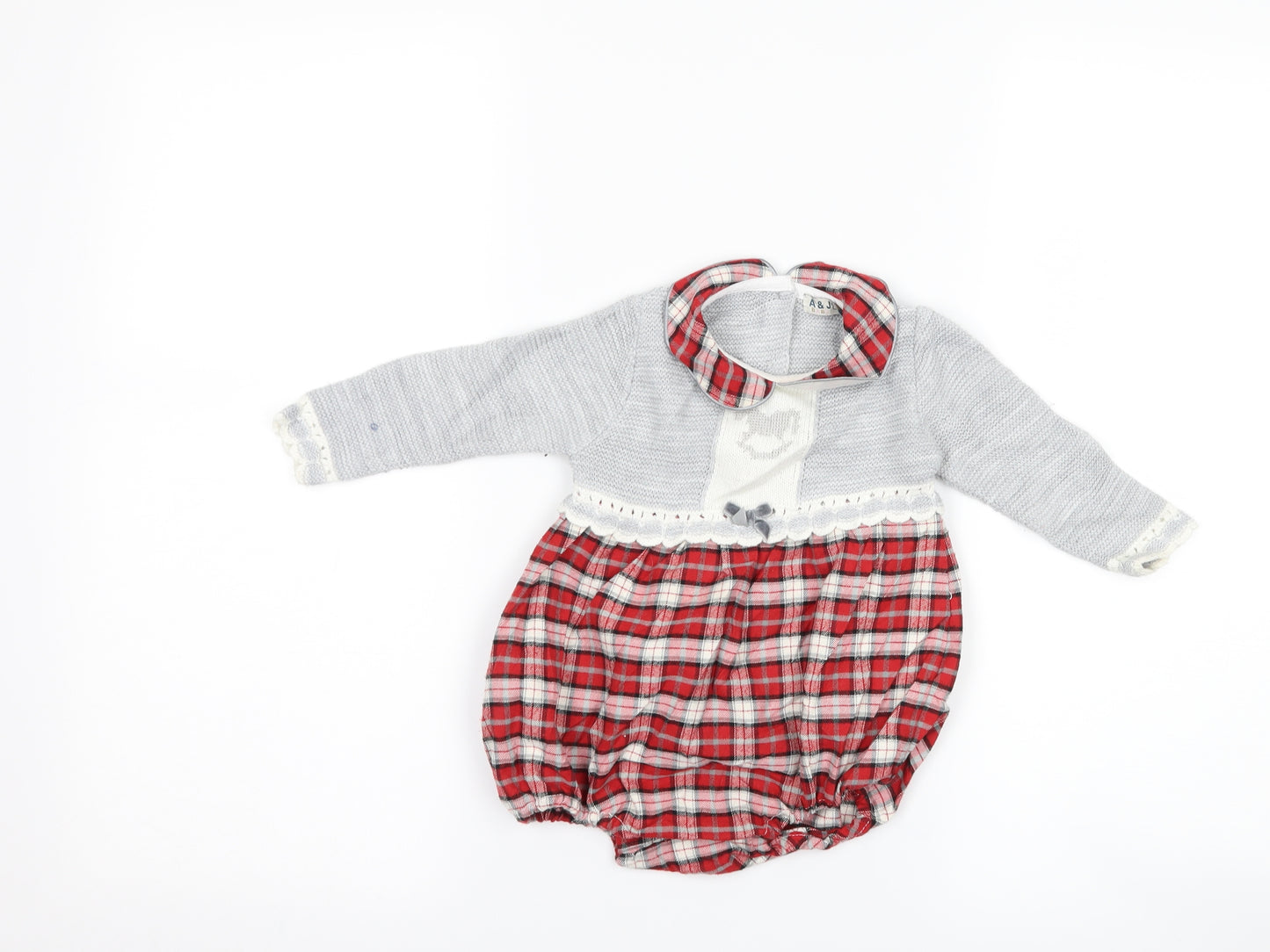 A&J Girls Grey Check Knit Romper One-Piece Size 9-12 Months