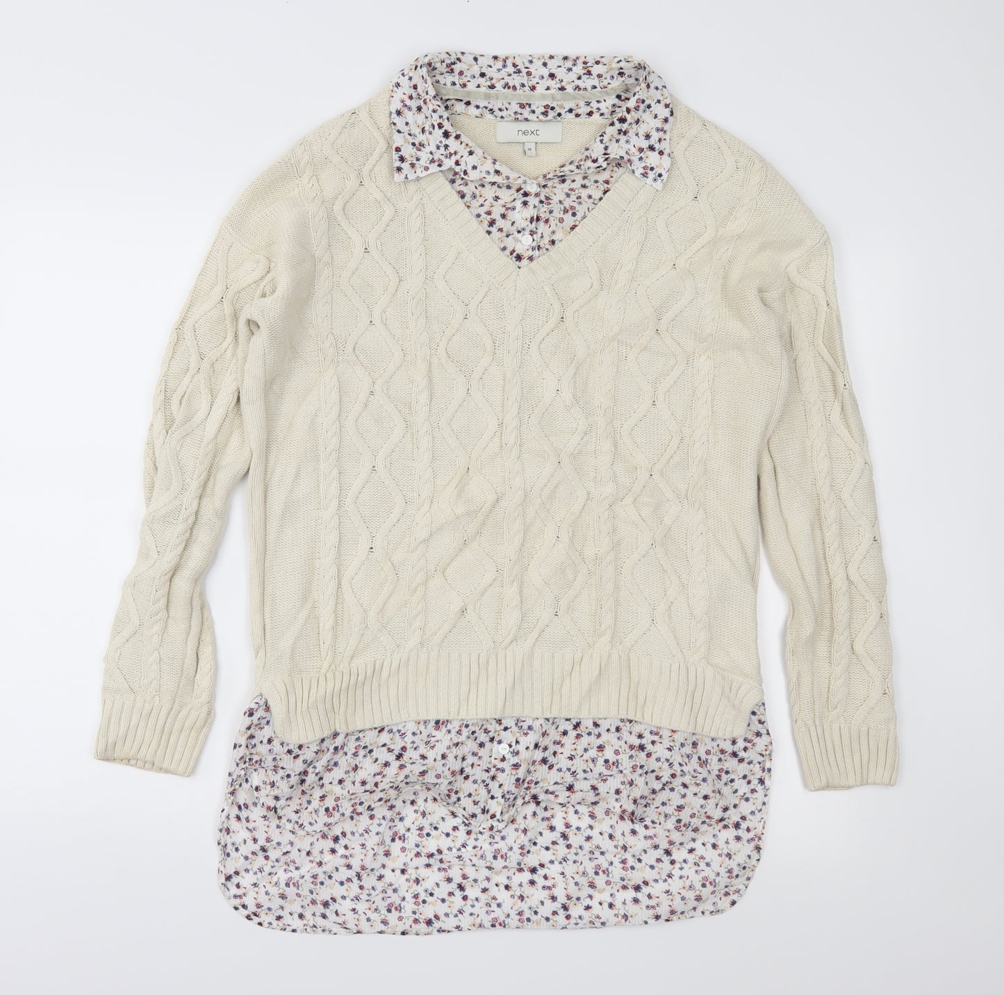 NEXT Womens Beige Floral Knit Pullover Jumper Size 14