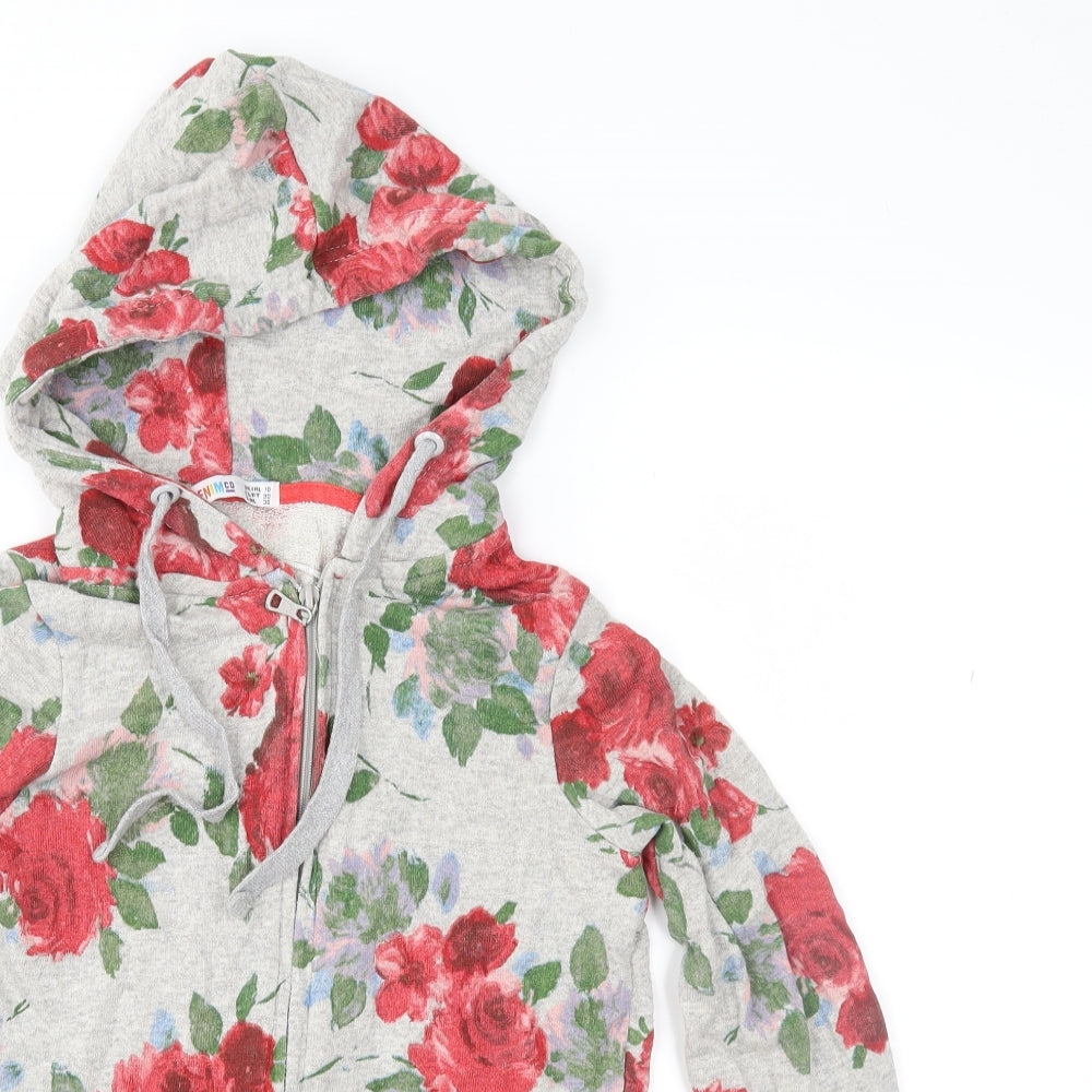 Denim & Co. Womens Grey Floral  Full Zip Hoodie Size 10