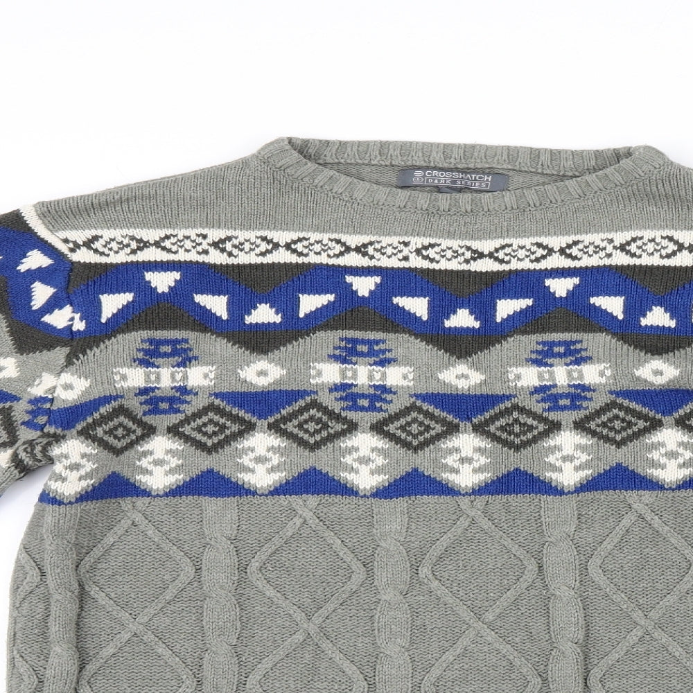 Crosshatch Mens Grey Geometric Knit Pullover Jumper Size S