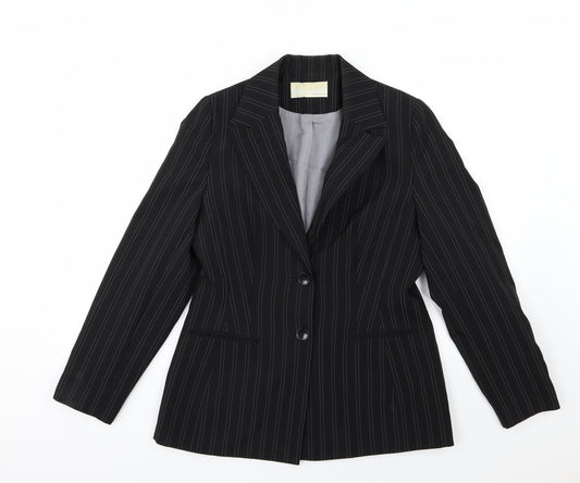 Front view of AMARANTO women’s black striped rayon jacket suit jacket, size UK 12