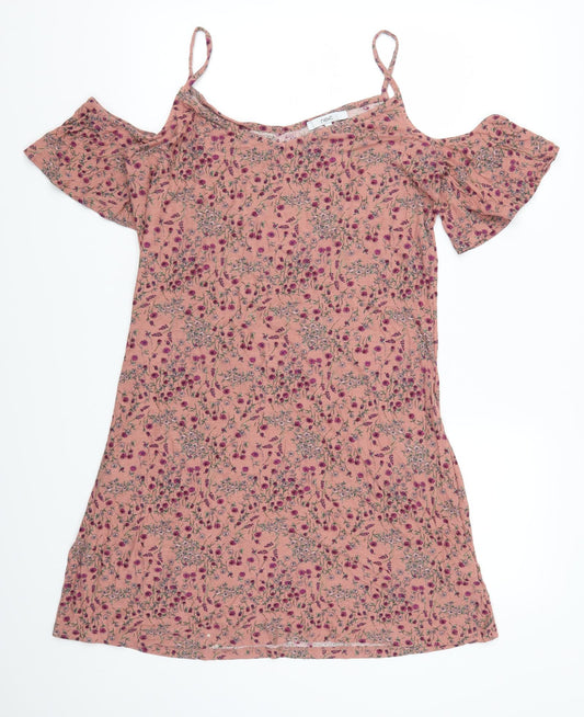 Front view of Next women’s pink floral mini, size UK 14