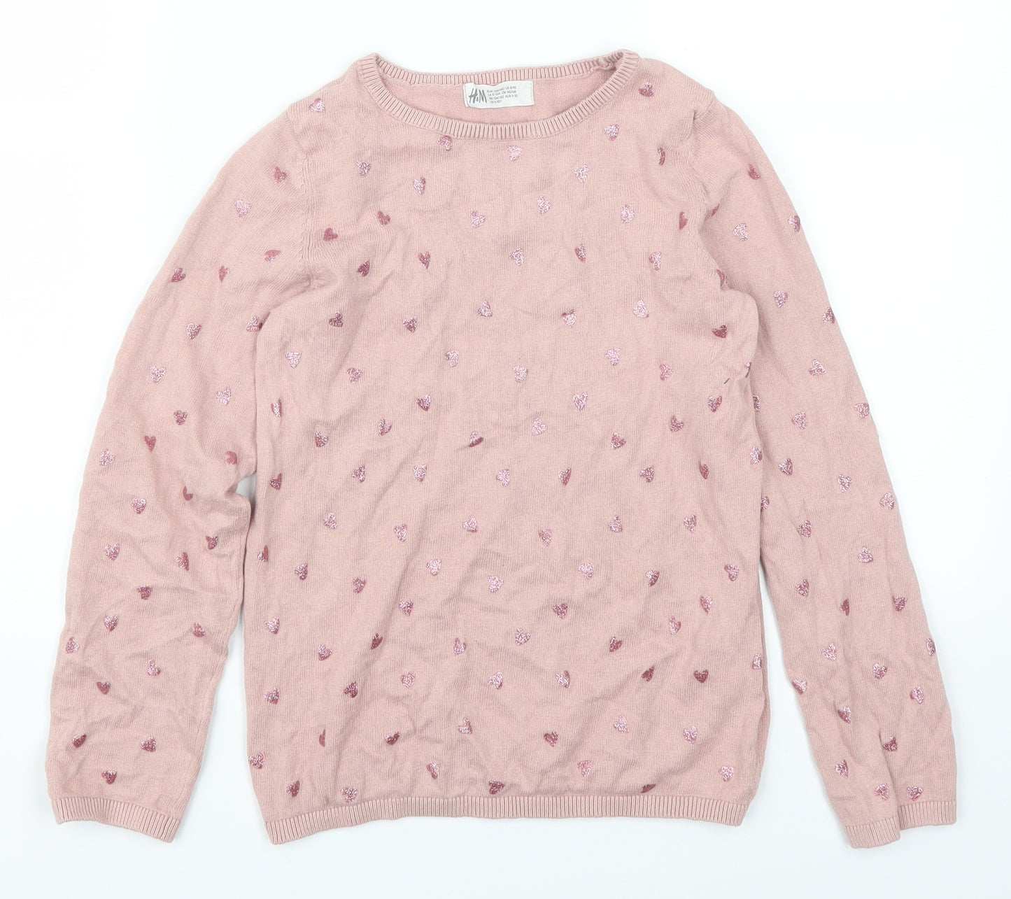 H&M Girls Pink Geometric  Pullover Jumper Size 9-10 Years  - Love Hearts