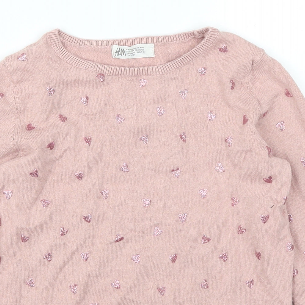 H&M Girls Pink Geometric  Pullover Jumper Size 9-10 Years  - Love Hearts