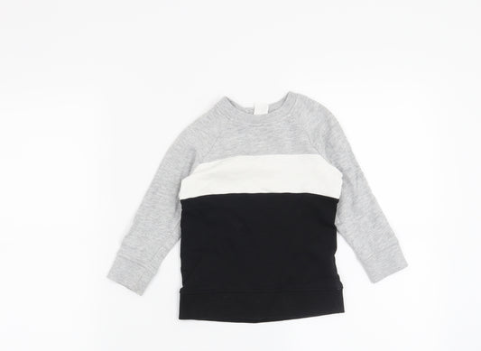 Front view of H&M boys’ black striped jumper, size 18-24, months