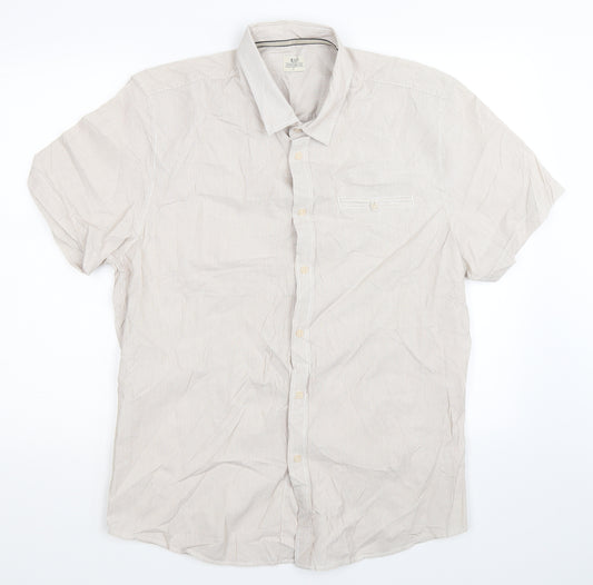Front view of ACW85 men’s beige striped button-up, size M