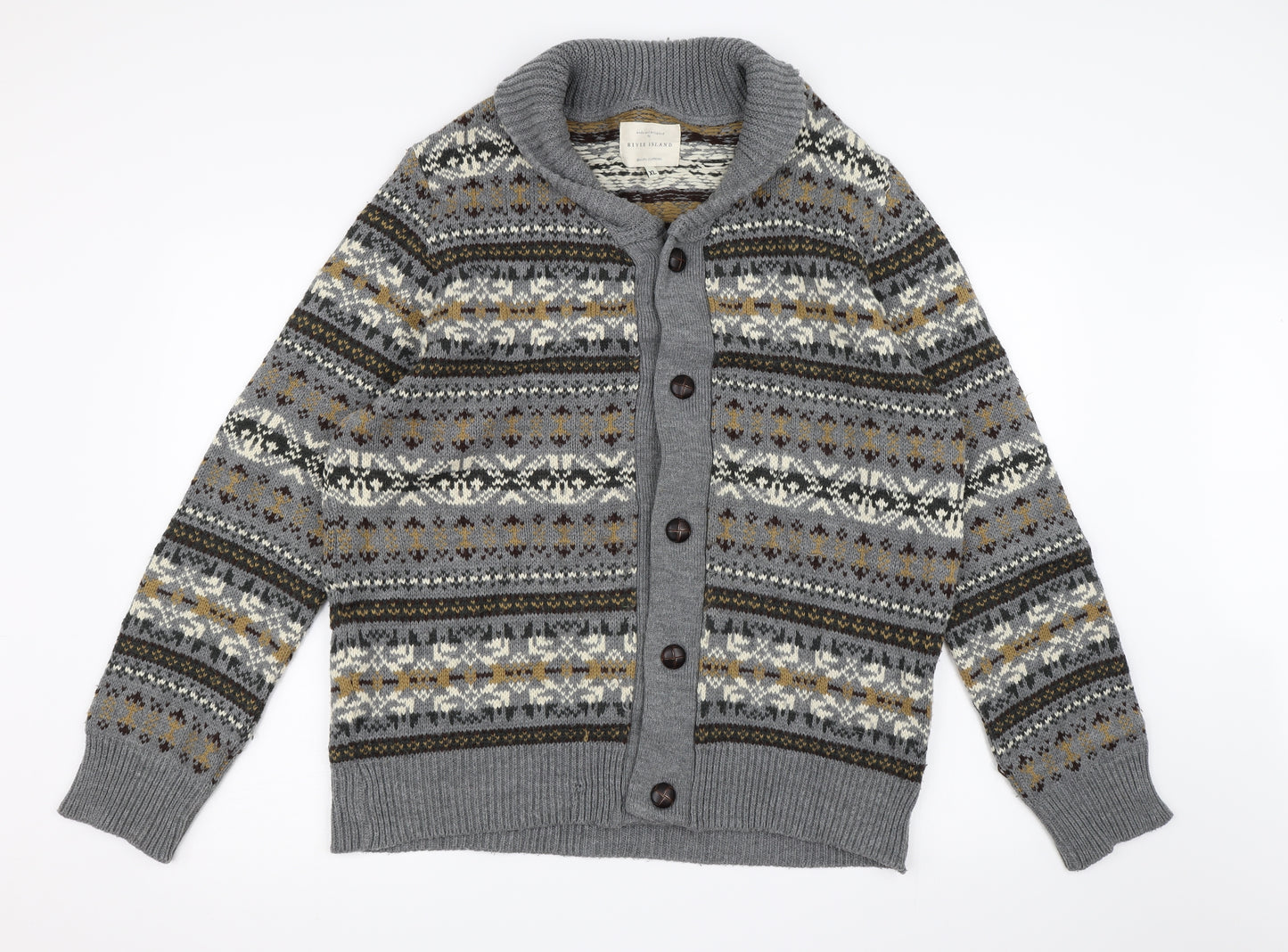 River Island Mens Grey Geometric Knit Cardigan Jumper Size XL