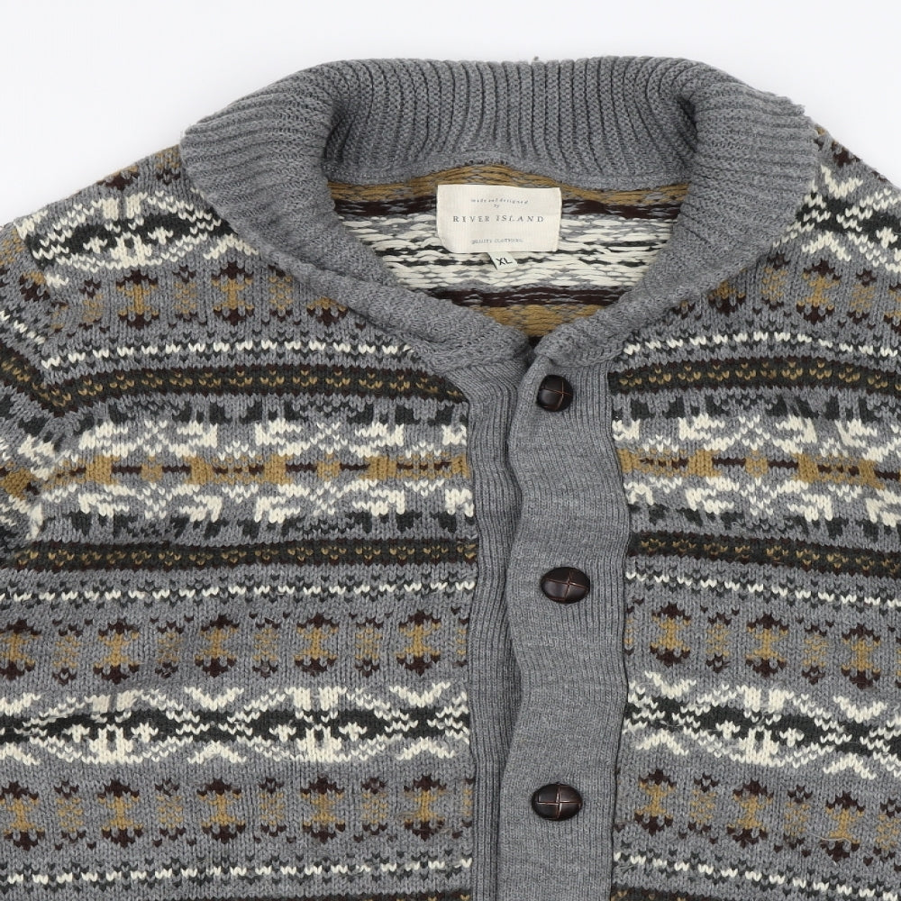River Island Mens Grey Geometric Knit Cardigan Jumper Size XL