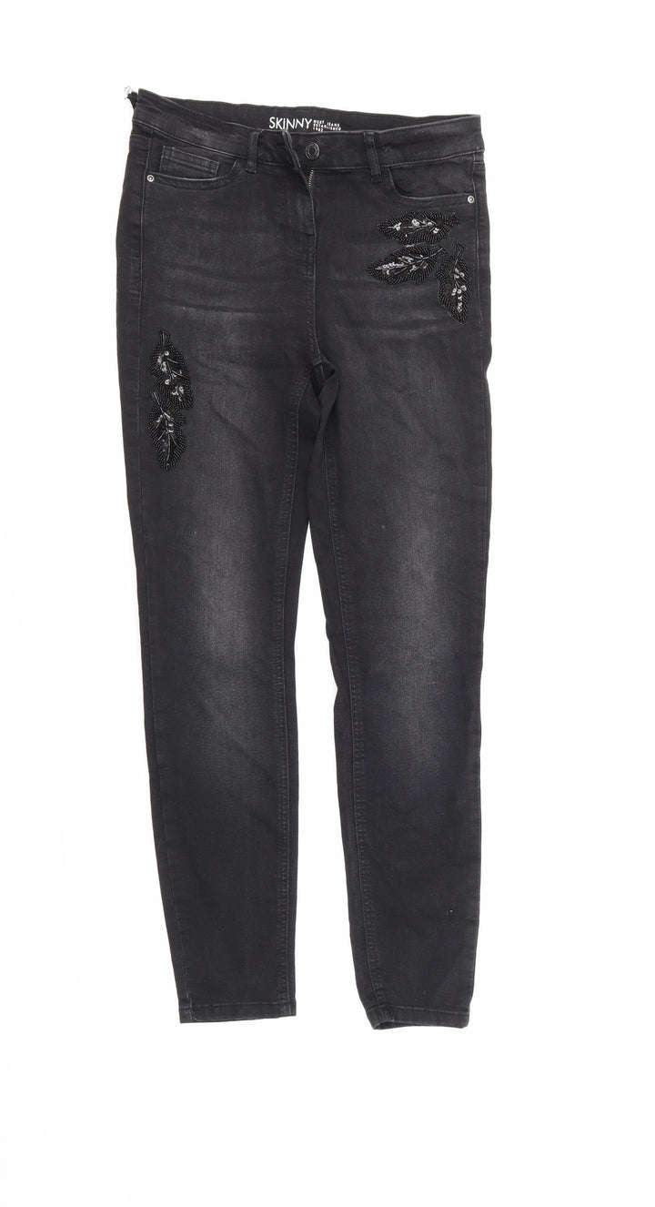 NEXT Womens Black Floral Denim Skinny Jeans Size 8 L28 in